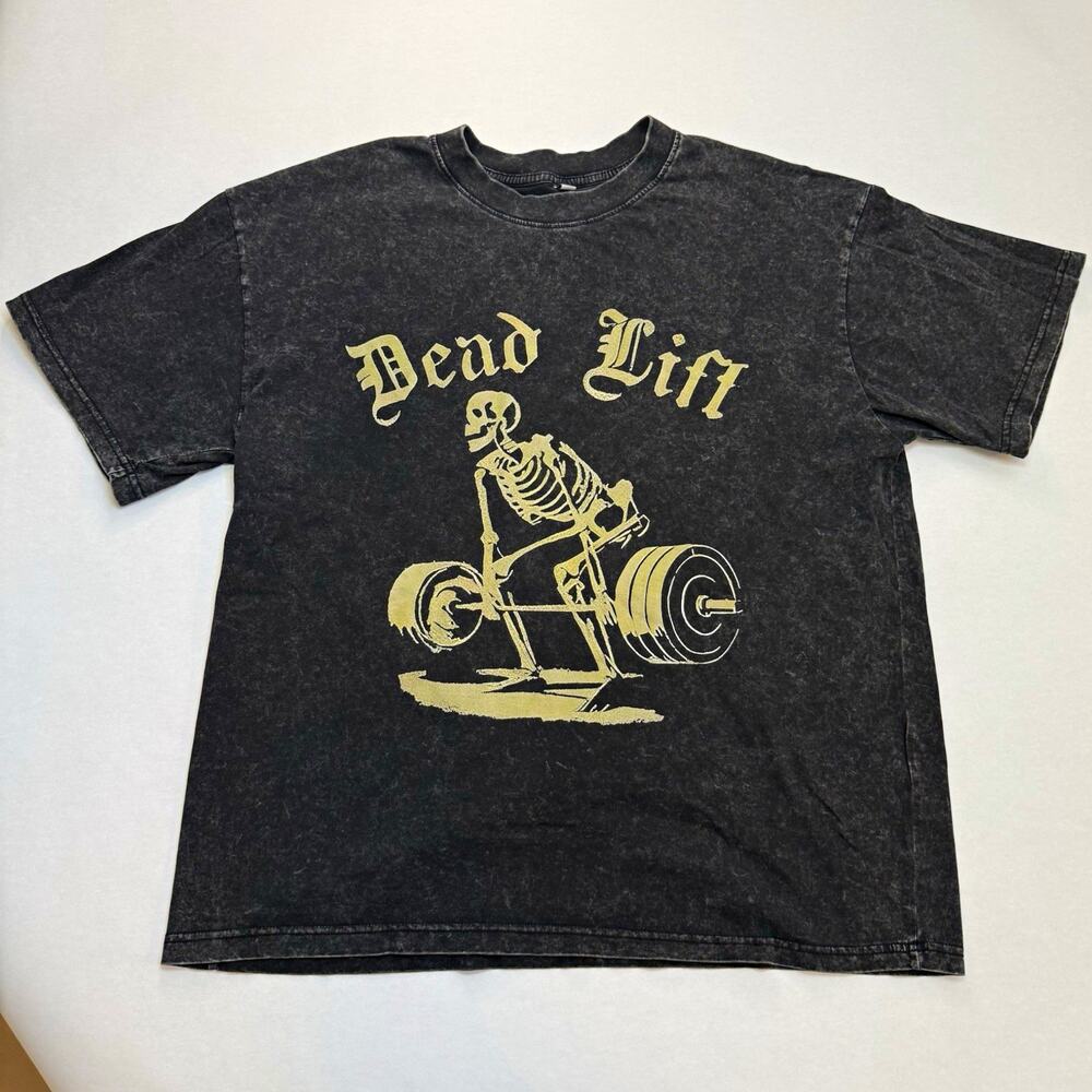 Men's L Black Dead Lift Skeleton Barbell Graphic Crew Neck Short Sleeve Tee